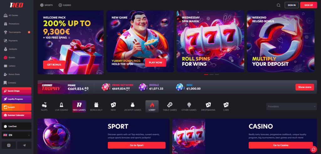 1Red Casino Desktop Screenshot